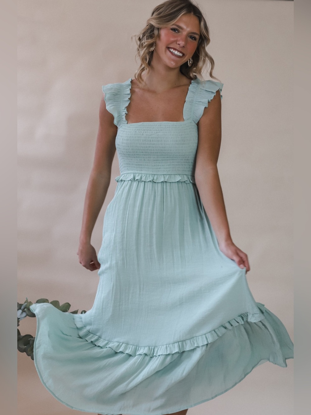 Mint Green Ruffle Strap Midi Flowy Dress Size small country boho